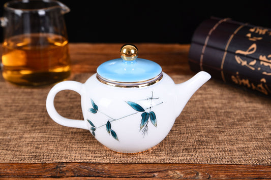White Porcelain "Blue Bamboo" Hand-Painted Teapot