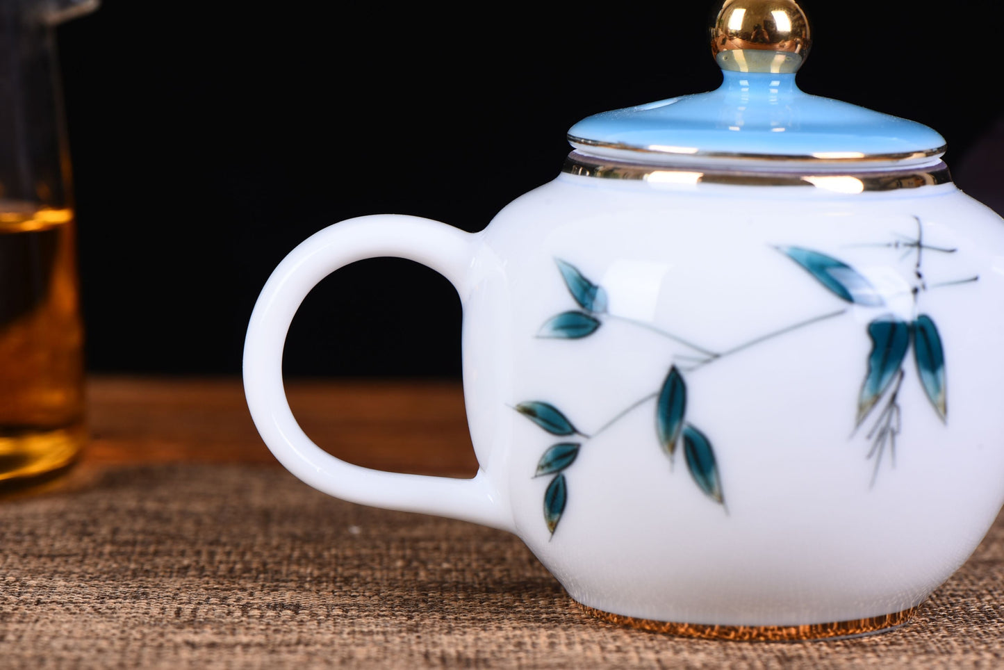 White Porcelain "Blue Bamboo" Hand-Painted Teapot